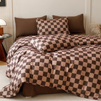 CLOTHKNOW Dark Brown Plaid Queen Comforter Set 3Pcs Grid Bedding Comforter Sets Soft Checkerboard Geometric Comforter with 2 x Pillow Cases