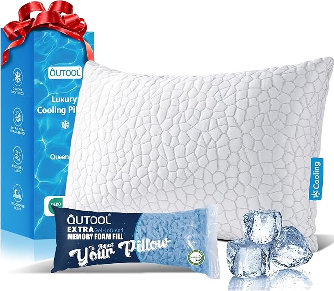 QUTOOL Cooling Pillow for Sleeping, CertiPUR-US Shredded Memory Foam Queen Pillow Set of 1, Cool Pillow for Hot Sleepers Adjustable Firm Pillow for Side, Back, Stomach Sleepers Soft Yet Support, White
