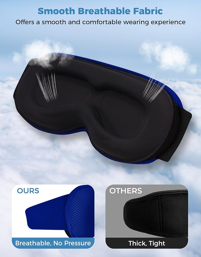 Sleep Mask with Bluetooth Headphones, Removable 3D Contoured Cup, Wireless Eye Mask for Sleep, Sleeping Headphones with Thin Stereo Speakers for Men, Women, Travel, Relaxation - Blue