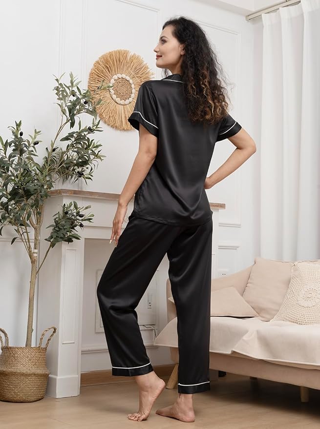 WJing Yi Jia Womens Pajamas Set XS-4XL Floral Silk Satin Pajama Sets Silky Pj Sets 2Pcs Loungewear Sleepwear Button Down Pjs