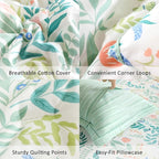ALEISSEL Botanical Cotton Comforter Twin Size 2Pcs - Cute Garden Floral Design with Green Leaves & Coral and Pink Flowers,Sage Striped Reverse,Lightweight Reversible Bedding Sets(Twin,68"×90")