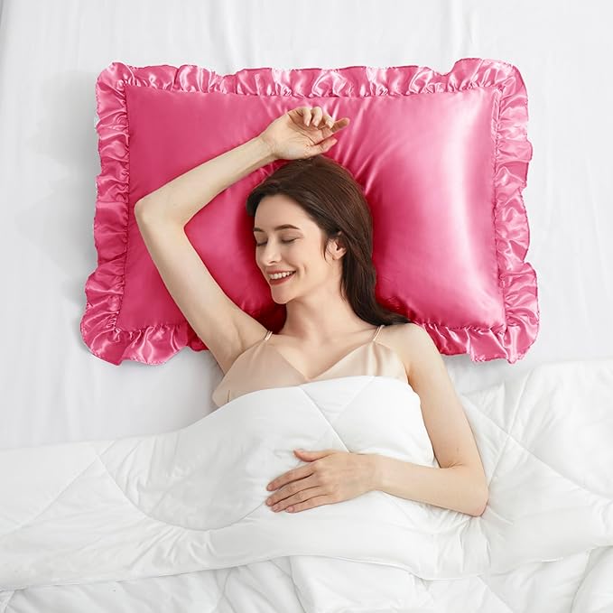 Silky Satin Ruffled Pillow Cases for Hair and Skin,Peach Red Silk Pillowcases King Set of 2 with Envelope Closure Princess Room