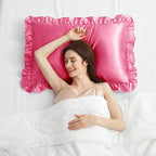 Silky Satin Ruffled Pillow Cases for Hair and Skin,Peach Red Silk Pillowcases King Set of 2 with Envelope Closure Princess Room
