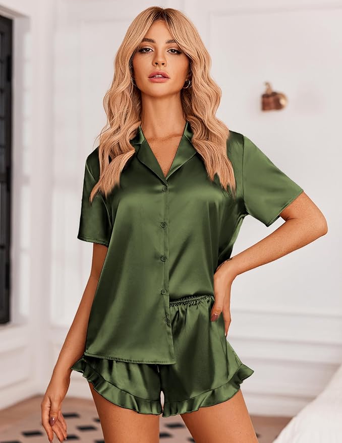 Ekouaer Womens Satin Pajamas Set Button Down 2 Piece Silk Pjs Shorts Set Ruffle Lingerie Notch Collar Sleepwear