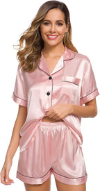 SWOMOG Womens Silk Satin Pajamas Set Short Sleeve Sleepwear Button Down Top and Shorts Loungewear 2 Piece Pjs Set XS-3XL