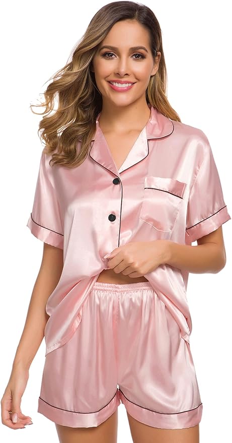 SWOMOG Womens Silk Satin Pajamas Set Short Sleeve Sleepwear Button Down Top and Shorts Loungewear 2 Piece Pjs Set XS-3XL