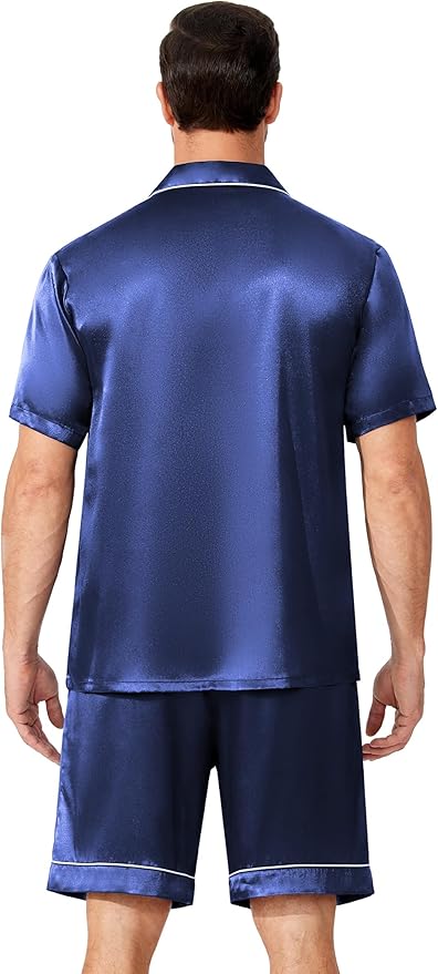 Ekouaer Mens Pajamas Set Silk Satin Sleepwear Short Sleeve Button Down Pjs Set 2 Piece Loungewear with Pockets S-XXL