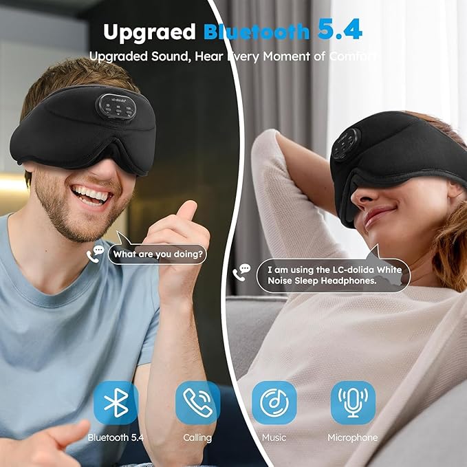 LC-dolida White Noise Sleep Mask, 3D Sleep Headphones with 16 Soothing Sounds, Bluetooth 5.4 Sleep Eye Mask with Timer, Total Blackout Sleeping Headphones for Side Sleeper (Black) (Black)