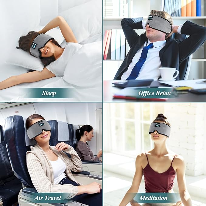 Sleep Headphones, Update Wireless 3D Eye Mask with Ultra-Thin HD Stereo Speakers for Side Sleepers, Air Travel, Meditation and Relaxation Grey