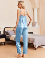 Ekouaer Women Silk Satin Pajamas Sleeveless Pjs Set 2 Piece Summer Loungewear Sleepwear with Pockets S-XXL