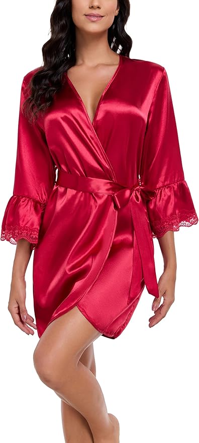 Lace Trim Satin Robes for Women Bride Bridesmaid Silky Kimono Robe Valentines Lingerie with Bell Sleeves