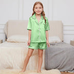 QPANCY Kids Satin Pajamas Sets Baby Boy Girl Button-Down Silk Sleepwear 2 Piece Short Sleeve Loungewear Clothes Set
