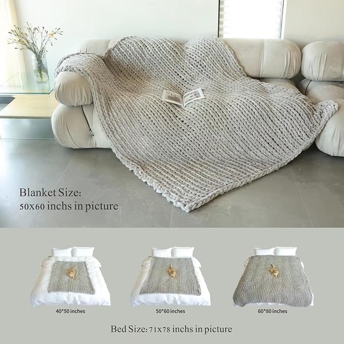 Maetoow Tighter Version Chenille Chunky Knit Blanket Throw （50×60 Inch）, Handmade Warm & Cozy Blanket Couch, Bed, Home Decor, Soft Fleece Banket, Boho Thick Blankets and Giant Yarn Throws，Dark Grey