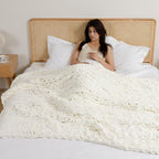 WESHIONGOO Chunky Knit Throw Blanket 51"×63" Knitted Throw Blankets for Couch Bed Fluffy Soft Blanket with Jumbo Chenille Yarn Thick 100% Handmade (Cream White)