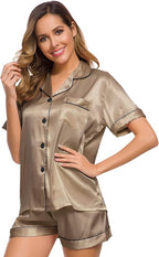 SWOMOG Womens Silk Satin Pajamas Set Short Sleeve Sleepwear Button Down Top and Shorts Loungewear 2 Piece Pjs Set XS-3XL