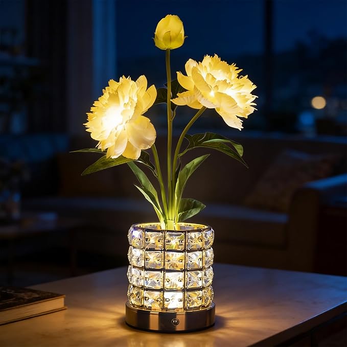 Flower Table Lamp, Orchid Flower with Crystal Vase Lamp, Cordless Touch Desk Light, 3 Colors Dimming & Rechargeable, Small Night Light for Bedroom Home, Romantic Gifts for Girl Women (Peony-White)
