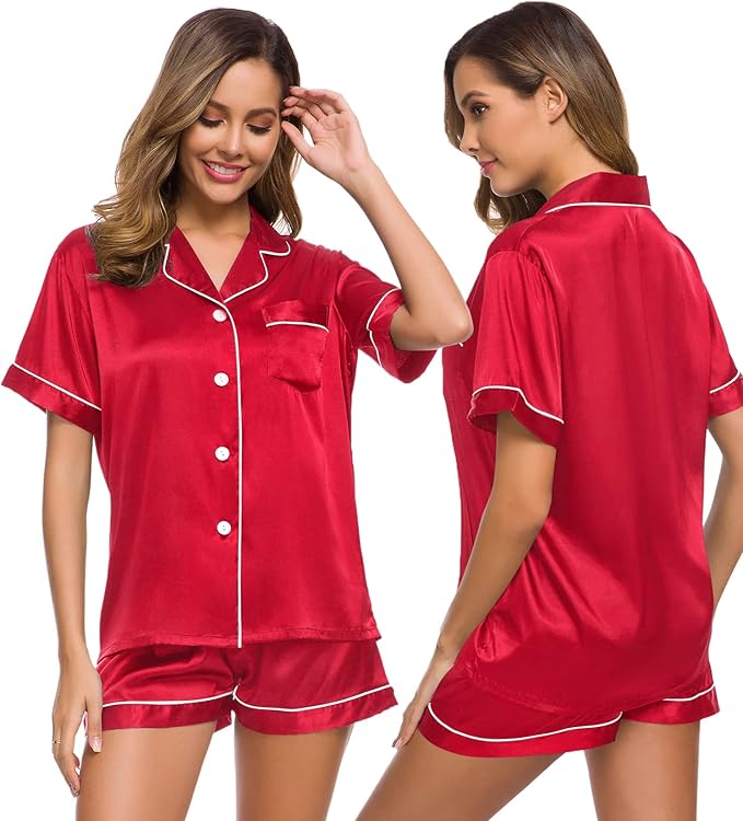 SWOMOG Womens Silk Satin Pajamas Set Short Sleeve Sleepwear Button Down Top and Shorts Loungewear 2 Piece Pjs Set XS-3XL