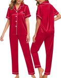 SWOMOG Women Satin Pajamas Set Short Sleeve Top & Pants Sleepwear Silky Button Down Nightwear 2pcs Loungewear Pjs Set