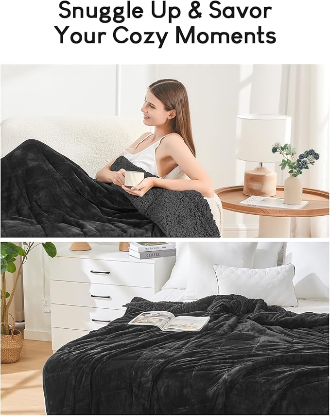 Cottonblue Sherpa Fleece Weighted Blanket 15lbs for Twin/Full Ded - Plush Bed Blanket for Deep Sleep and Relaxation, Heavy Calm Blankets with Glass Beads, 48x72 Inches, Black