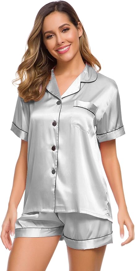SWOMOG Womens Silk Satin Pajamas Set Short Sleeve Sleepwear Button Down Top and Shorts Loungewear 2 Piece Pjs Set XS-3XL