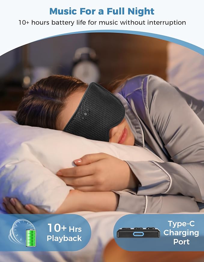 Sleep Mask with Bluetooth Headphones, Removable 3D Contoured Cup, Wireless Eye Mask for Sleep, Sleeping Headphones with Thin Stereo Speakers for Men, Women, Travel, Relaxation - Black
