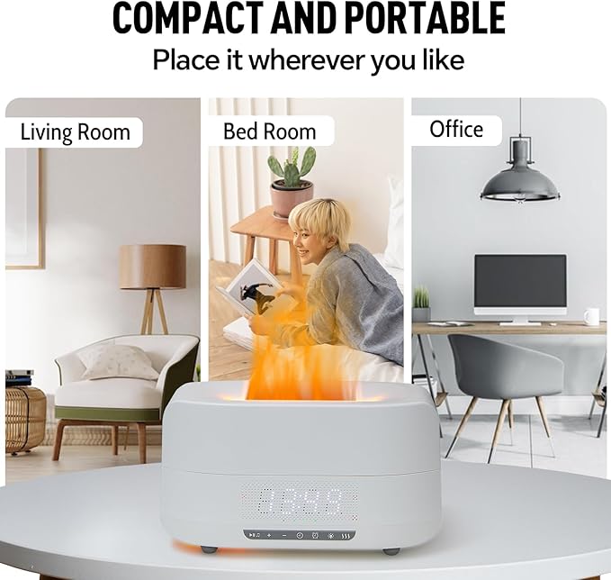 Aroma Diffuser with Bluetooth Speaker, 5-in-1 Essential Oil Diffuser Flickering Flame, 400mL Humidifier LED Clock Remote, Quiet for Bedroom Home Office Auto Shut-Off Gift (White)
