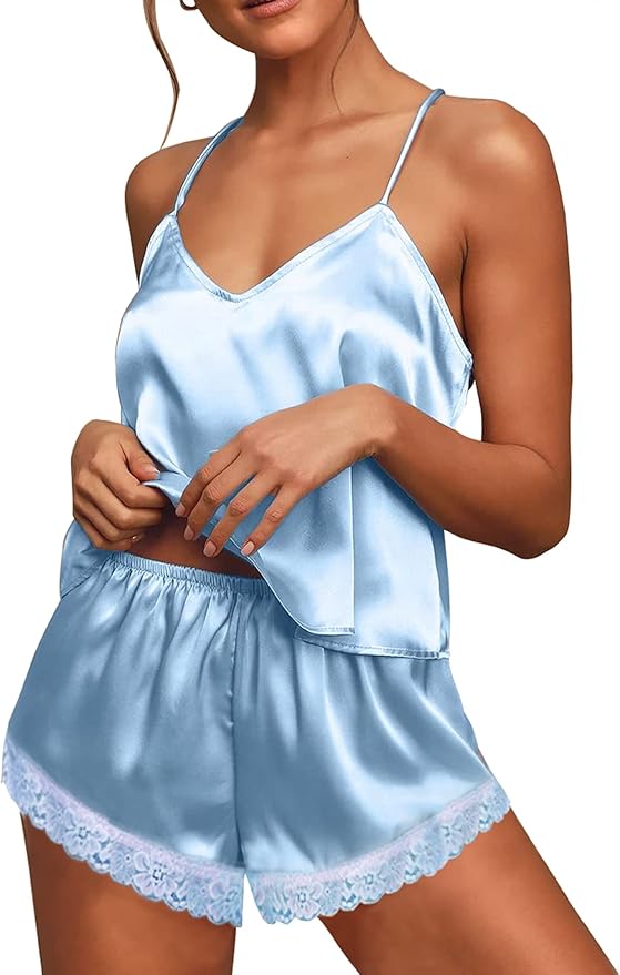 Ekouaer Satin Pajamas Women Lace Sleepwear Lingerie Cami Shorts Set Nightwear XS-XXL
