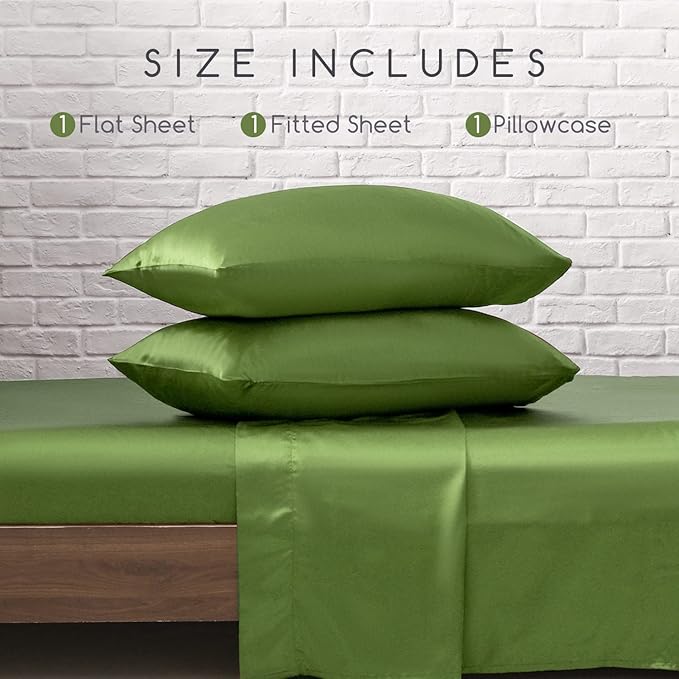 MR&HM Satin Bed Sheets, Twin Size Sheets Set, 3 Pcs Silky Bedding Set with 15 Inches Deep Pocket for Mattress(Twin, Sage)