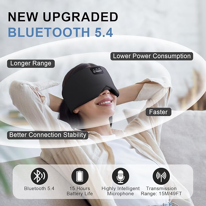LC-dolida Sleep Mask with Bluetooth Headphones, Ice Silk Sleep Headphones with Bluetooth 5.4, Total Blackout Eye Mask for Sleeping, Sleep Soft Mask for Women Men, All Night Sleep, Travel(Black)