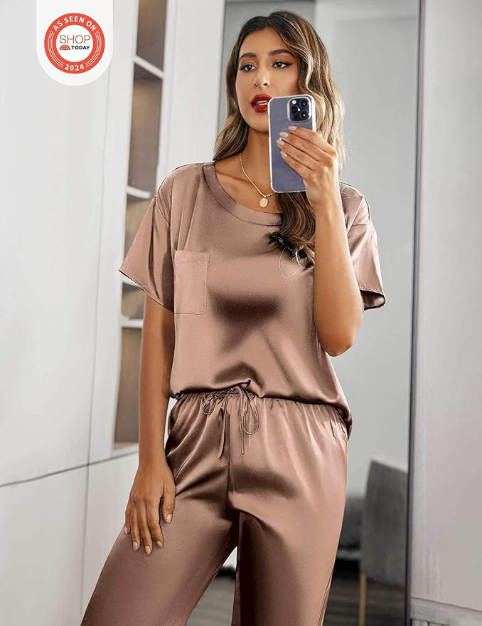 Ekouaer Womens Satin Silky Pajama Set Short Sleeve Shirt with Long Pajama Pant Set Soft PJ Loungewear