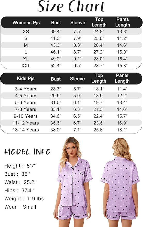 Girls & Womens Satin Pajamas Set, Silk Button-Down Sleepwear 2 Piece Nightwear, 3 Years - Women XXL