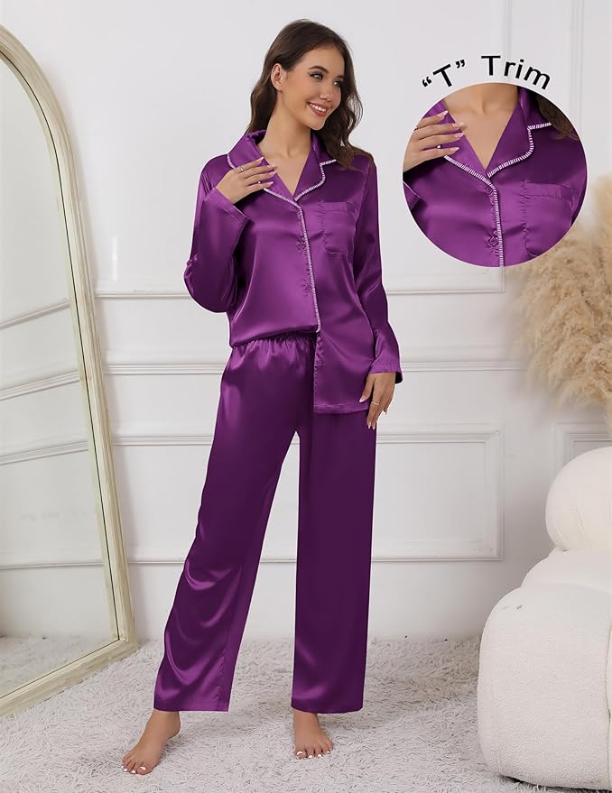 Ekouaer Pajamas For Women Set Silk Pjs 2 Piece Satin Sleepwear Long Sleeve Button Down Lounge Sets With Pant