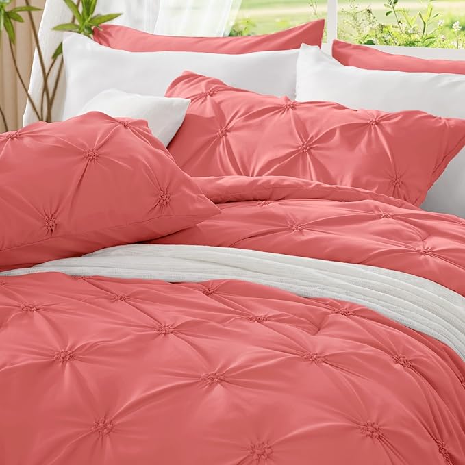 BEDELITE Coral King Size Comforter Set - 3 Pieces Boho Pintuck Bedding Comforter Sets, Lightweight Soft & Warm King Bedding Set with 2 Pillowcases for All Season