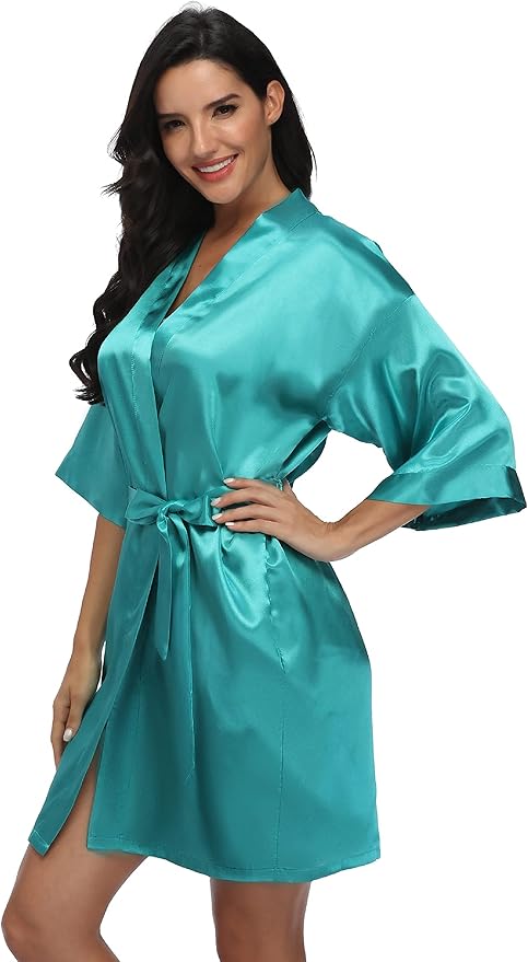 Women's Satin Kimono Robe Wedding Getting Ready Silky Bathrobe Short Bridesmaid Dressing Gown