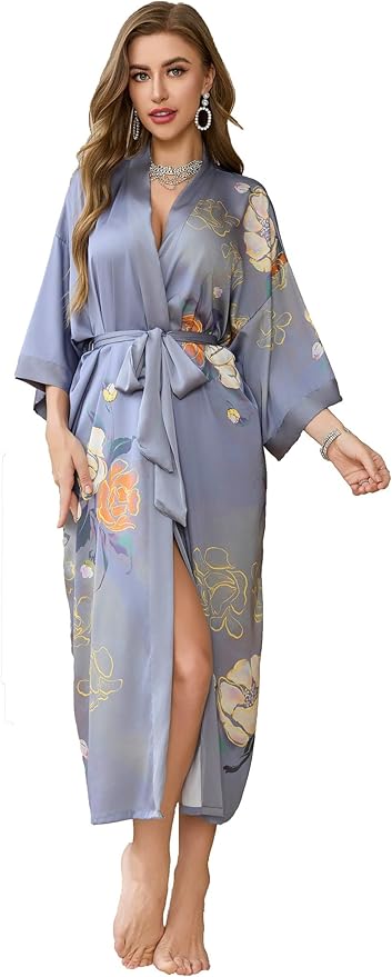 Kihnop Women's Floral Long Kimono Robe Long Satin Robe Long Silk Robe Ladies Kimonos Silky Bathrobe Cover Up, One Size
