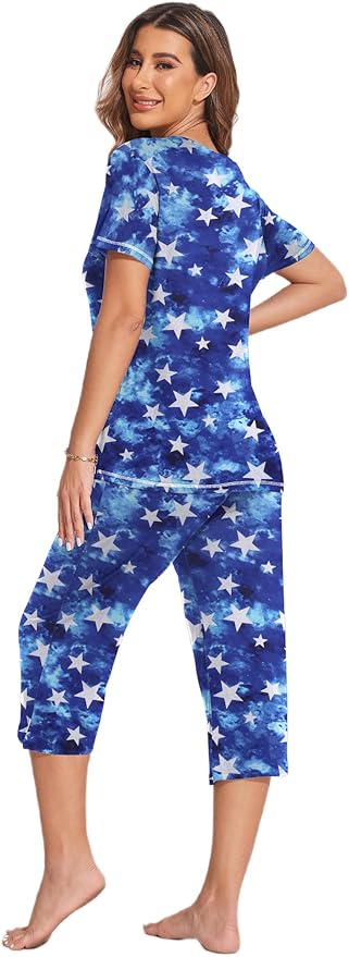 Ekouaer Women's Sleepwear Capri Pajama Sets Short Sleeve Two-Piece Pjs V Neck Tops & Capri Pants with Pockets S-3XL