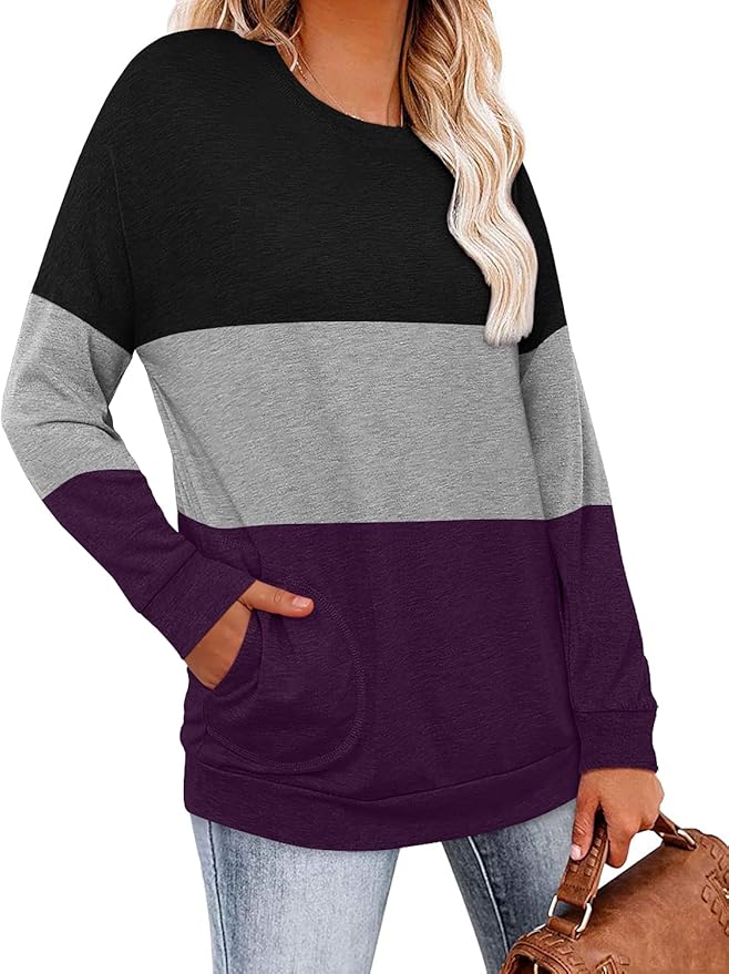 Magritta Women's Long Sleeve Leopard Color Block Tunic Comfy Crewneck T Shirt Tops Black XL