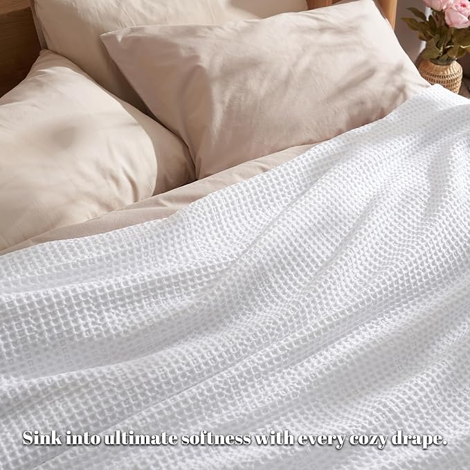 PHF Ultra Soft Waffle Weave Blanket Twin Size 66"x 90"- Washed Lightweight Breathable Cozy Woven Blanket for Bed - Aesthetic Decor for Couch Bedding Sofa Home Car - White