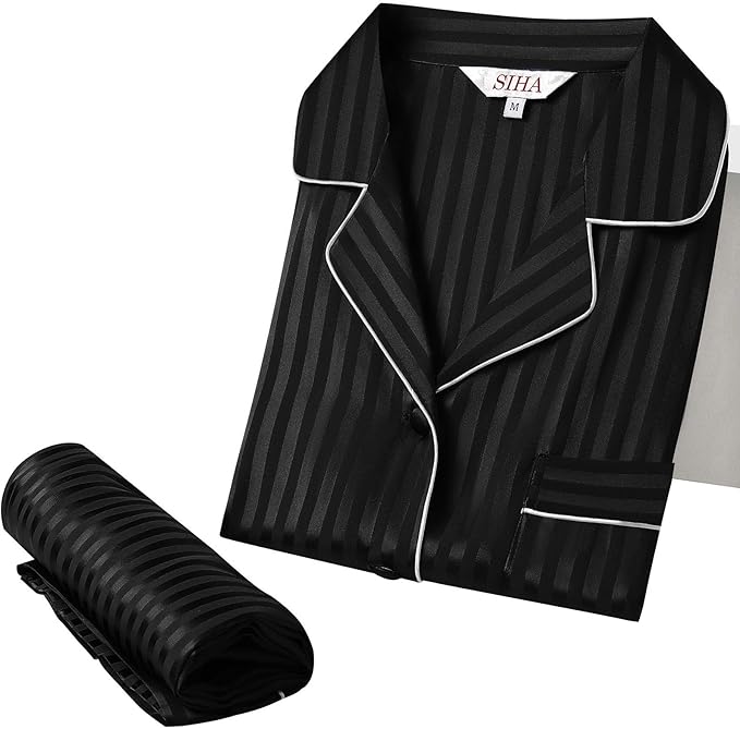 SIHA Satin Silk Pajamas for Women Pajama Set With Long Sleeve Button-Down Satin Pajamas Sleepwear XS-3XL