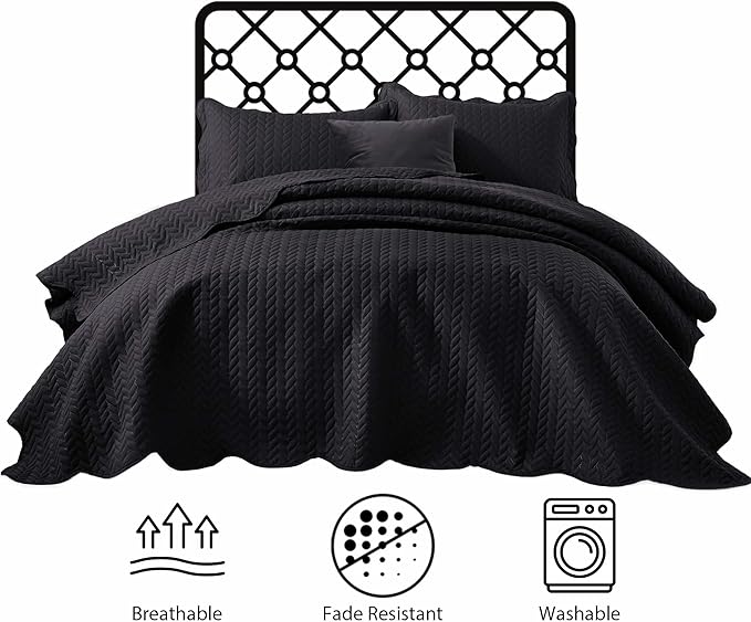 IR Imperial Rooms Queen Quilt Bedding Set (90" x 96") - Bulk Pack of 10 Wholesale for Hotels, Guest Bedroom & Airbnbs - Lightweight Microfiber Reversible Embossed Quilts Bedspreads (Black)