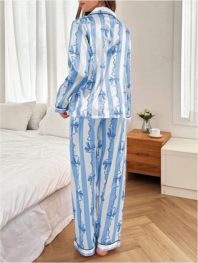 WDIRARA Women's 2 Piece Bowknot Print Satin Pajama Set Long Sleeve Button Down Lounge Pants Sleepwear Sets