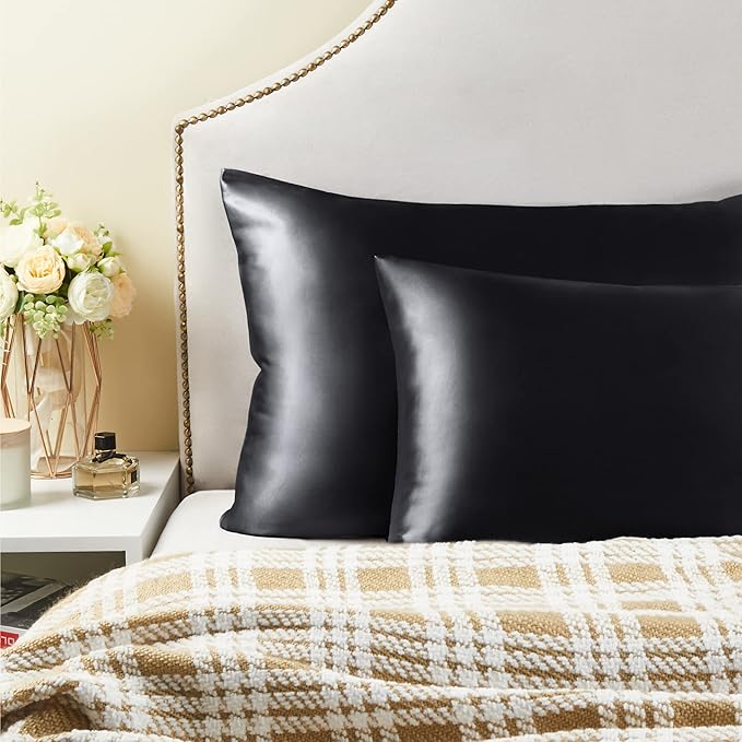 BEDELITE Satin Pillowcase with Zipper, Black King Size Pillow Cases Set of 2, Super Soft and Cooling Similar to Silk Pillow Cases, Gift for Women Men(20x36 Inches)