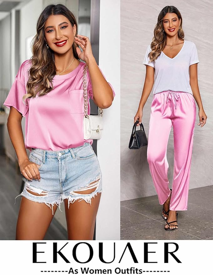 Ekouaer Womens Satin Silky Pajama Set Short Sleeve Shirt with Long Pajama Pant Set Soft PJ Loungewear