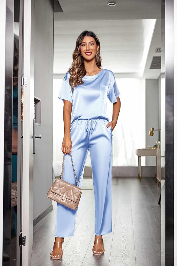 Ekouaer Womens Satin Silky Pajama Set Short Sleeve Shirt with Long Pajama Pant Set Soft PJ Loungewear