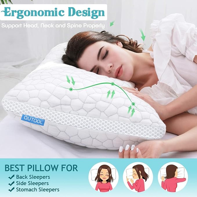 Shredded Memory Foam Pillows 2 Pack, Rayon Derived from Bamboo Pillow Queen Size Set of 2, Cooling Gel Pillows for Sleeping, Adjustable Pillow for Side Stomach and Back Sleepers with Washable Cover