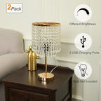 Crystal Table Lamps Set of 2, Gold Lamps for nightstand with 2 USB Charging Ports, 3-Way Touch Dimmable Crystal Desk Lamp, Gold Bedside Lamp with Elegant Shade for Bedroom, Living Room