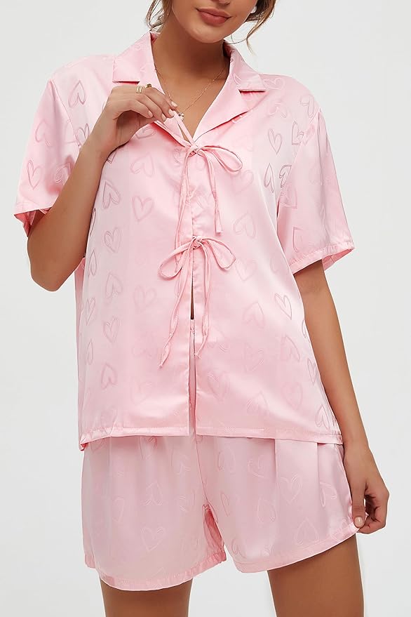 CHYRII Women's Silk Satin Pajamas Sets Tie Front Short Sleeve Tops and Shorts Two Piece Pj Sets Sleepwear
