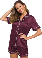 SWOMOG Womens Silk Satin Pajamas Set Short Sleeve Sleepwear Button Down Top and Shorts Loungewear 2 Piece Pjs Set XS-3XL