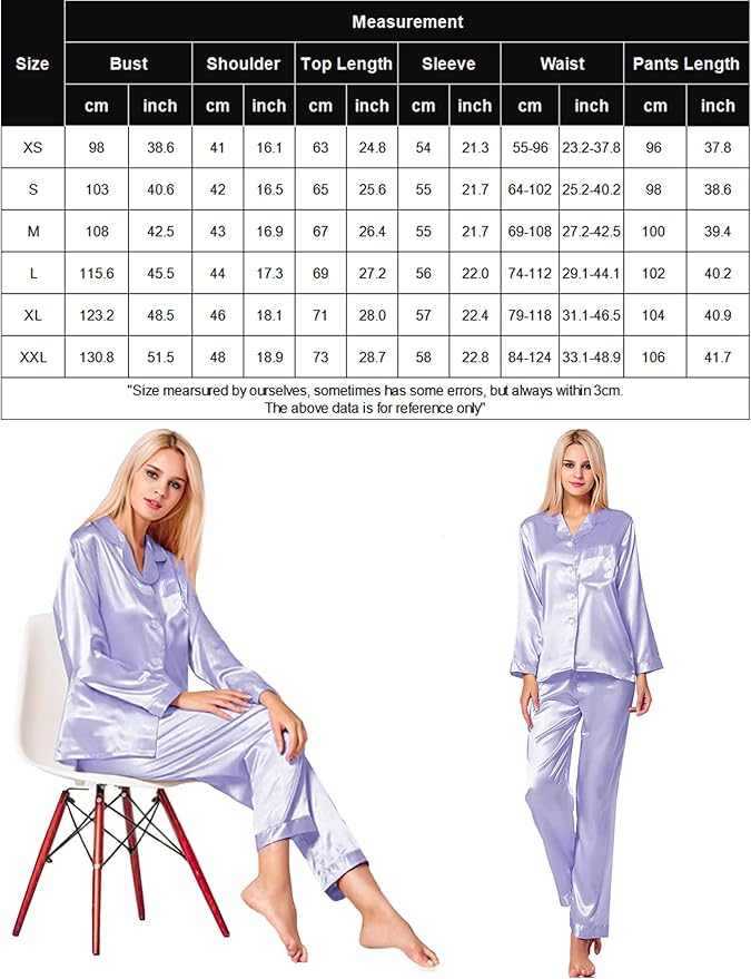 SWOMOG Long Sleeve Pajamas Set Silk Satin Sleepwear Button Down Pjs Loungewear with Pocket