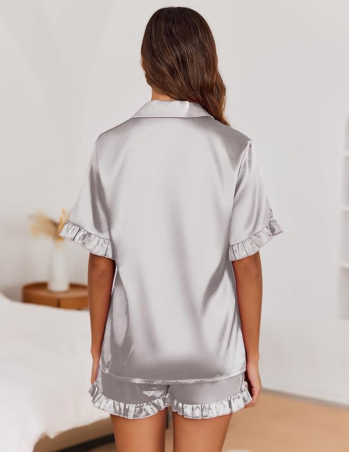 Ekouaer Satin Pajama Set for Women Button Down Silk 2 Piece Pj Sets Ruffle Short Sleeve Sleepwear